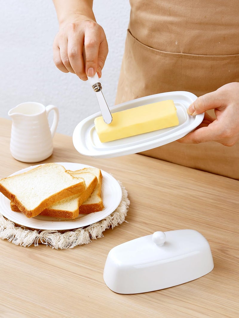 Yedio Ceramic Butter Dish with Lid and Knife for Countertop Refrigerator, 8 Inch White Butter Holder with Porcelain Cover Knob Handle for East West Coast Butter Stick - Image 3