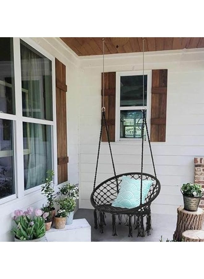 هارموني هوم كرسي الأرجوحة من هارموني هوم، 80×59×2.5 إنش، أرجوحة معلقة ماكرامي مع وسادة، تتحمل حتى 330 رطلاً، كرسي حبال قطني اسود للاستخدام الداخلي والخارجي، غرفة النوم، الفناء، الحديقة، والشرفة - Image 2