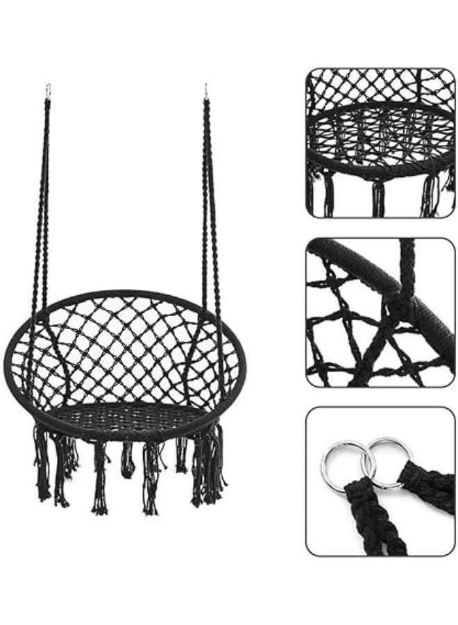 هارموني هوم كرسي الأرجوحة من هارموني هوم، 80×59×2.5 إنش، أرجوحة معلقة ماكرامي مع وسادة، تتحمل حتى 330 رطلاً، كرسي حبال قطني اسود للاستخدام الداخلي والخارجي، غرفة النوم، الفناء، الحديقة، والشرفة - Image 5