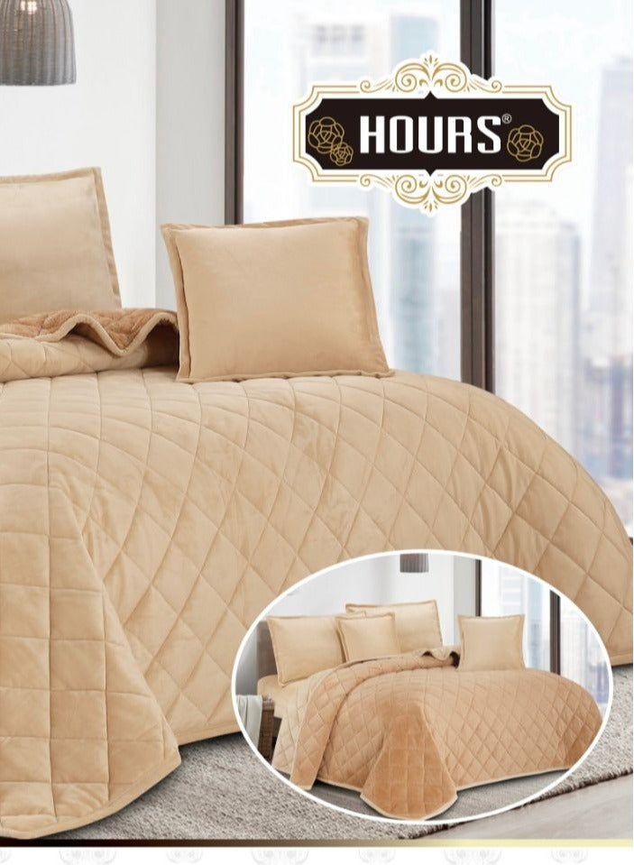 أورز مفرش ملكي 6 قطع نفرين شتوي وجهين وجه مخمل وجه فرو مقاس كينج 220x240 سم بيج - Image 3