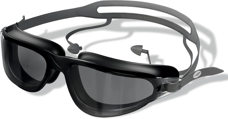KONEX Anti Fog Swimming Goggles with UV Protection for Men & Women | Wide Angle View with Anti Leak Technology | Comes with Attached Ear Plugs | Ideal for Children & Adult (Black) - Image 1