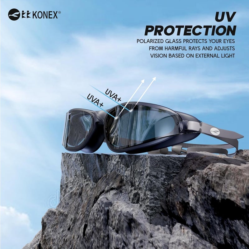 KONEX Anti Fog Swimming Goggles with UV Protection for Men & Women | Wide Angle View with Anti Leak Technology | Comes with Attached Ear Plugs | Ideal for Children & Adult (Black) - Image 2