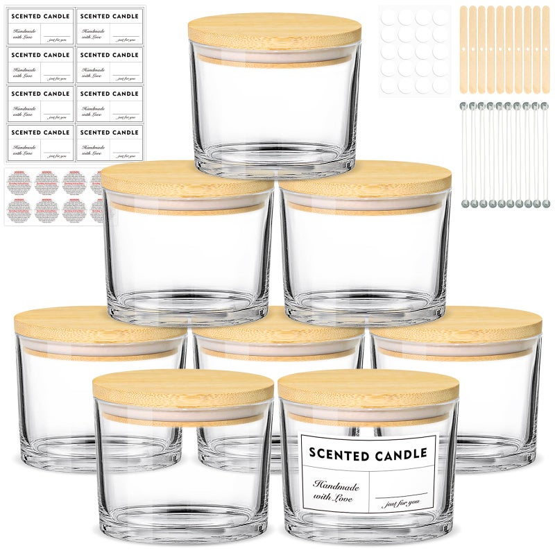 SUPMIND 12oz Candle Jars for Making Candles, 8 Pack Large Clear Glass Empty Candle Jars with Bamboo Lids and Wick Kit, Multiple Wicks Wide Mouth Candle Container Bulk, Ideal for Candle Business - Image 1