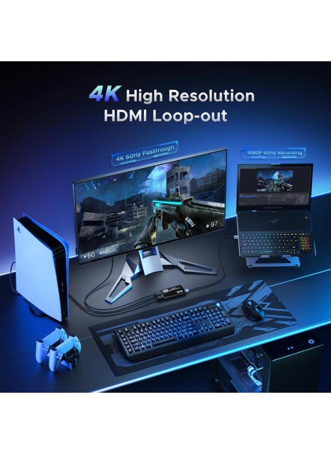 Generic USB 3.0 Video Capture Card with 4K HDMI Loop-Out – 1080P 60FPS / 2K 30FPS – Game Capture Device for PS5, Switch, PC, Camera, Streaming & OBS – Black  - Image 2