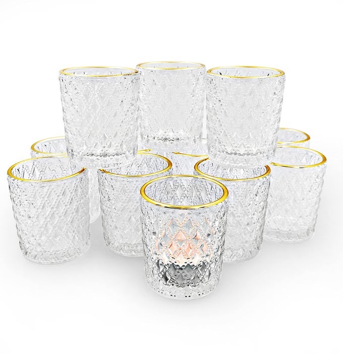 CLEAR VOTIVE CANDLE HOLDERS GLASS TEALIGHT CANDLE HOLDERS BULK WITH RIM FOR WEDDING TABLE CENTERPIECE BIRTHDAY PARTY THANKSGIVING DECOR SET OF 12