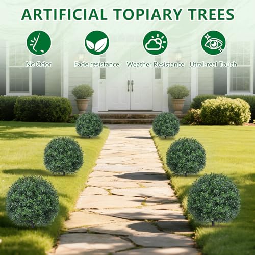 Grooy Artificial Boxwood Topiary Trees with Ground Spike,2 Pieces Fake Pine Shrubs Bushes, UV Resistant Faux Evergreen Cypress Tree Plants for Indoor Outdoor Planters Front Porch - Image 4