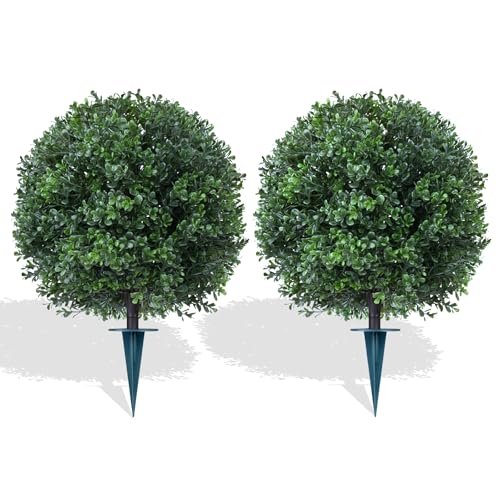 Grooy Artificial Boxwood Topiary Trees with Ground Spike,2 Pieces Fake Pine Shrubs Bushes, UV Resistant Faux Evergreen Cypress Tree Plants for Indoor Outdoor Planters Front Porch - Image 1