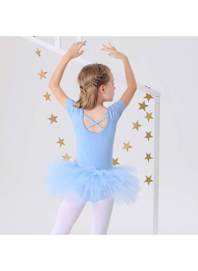 Bezioner Girls Cotton Ballet Dance Dress Cute Tutu Skirted Leotard Short Sleeve Blue Size 8-9 Years - Image 5