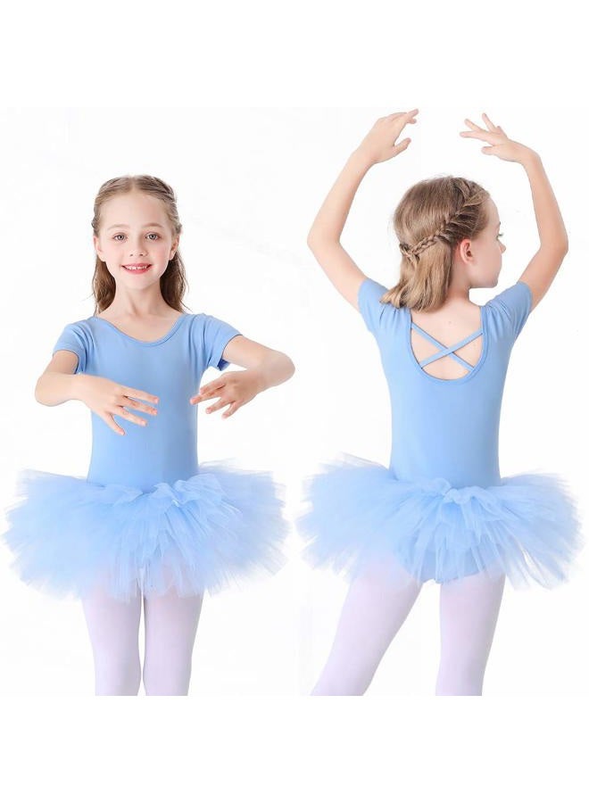 Bezioner Girls Cotton Ballet Dance Dress Cute Tutu Skirted Leotard Short Sleeve Blue Size 8-9 Years - Image 2