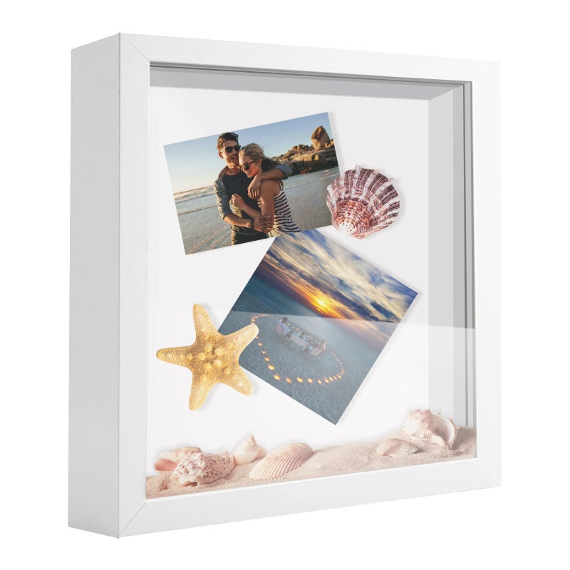 sunmeg SUNMEG 8x8 Shadow Box Frame Display Case Wood with Plexiglass Display Case Box for Memorabilia Medal CraftsTickets and Photos Picture Frame for Wall and Tabletop White 8x8 
