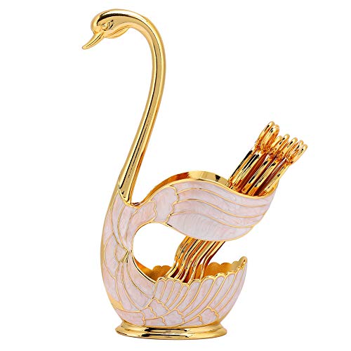 Metal Coffee Dessert Spoon Set Fruit Dessert Flatware Swan Base Holder Spoon Organizer with 6pcs Coffee Dessert Sugar Ice Cream Spoon Gold