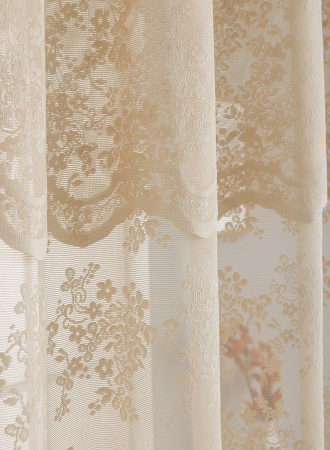 YJ YANJUN Beige Scalloped Long Shower Curtain 84 Length with Valance Antique Floral Classy Boho Chic Lace Shower Curtain for Bathroom Bathtub Vintage Farmhouse Neutral Decor 1 Panel 72x84 inch Light Brown - Image 3