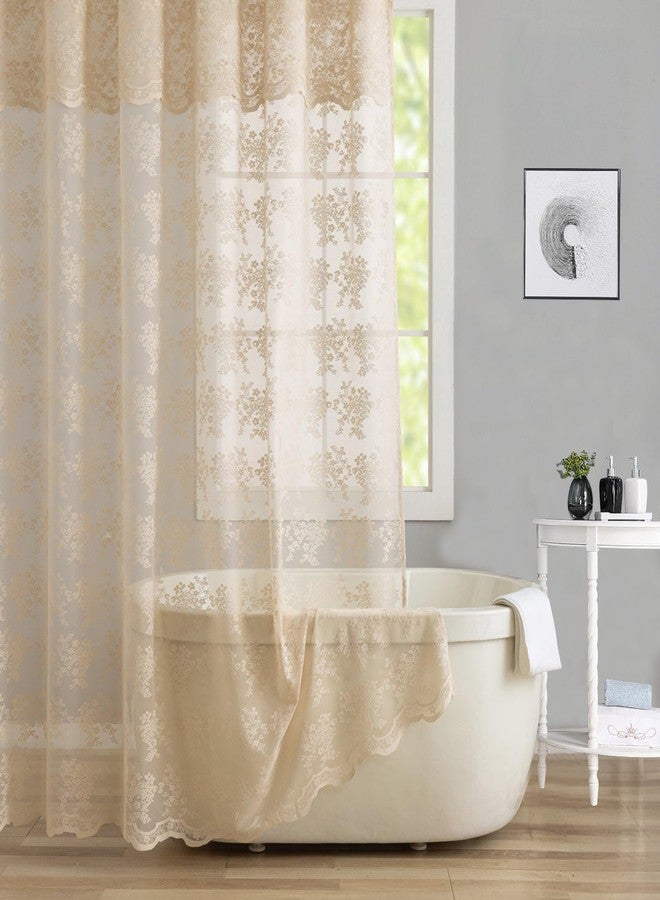 YJ YANJUN Beige Scalloped Long Shower Curtain 84 Length with Valance Antique Floral Classy Boho Chic Lace Shower Curtain for Bathroom Bathtub Vintage Farmhouse Neutral Decor 1 Panel 72x84 inch Light Brown - Image 1
