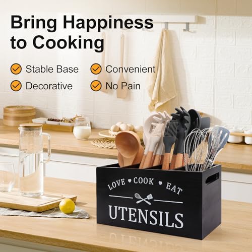 Renawe Black Farmhouse Utensil Holder for Kitchen Counter Extra Large Cooking Utensil Holder Caddy Utensils Storage Organizer for Countertop Rustic Wood Kitchen Tool Decor Utensil Crock Spatula Holder - Image 4