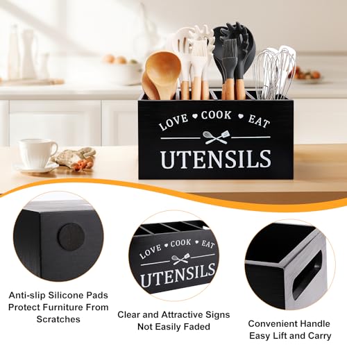 Renawe Black Farmhouse Utensil Holder for Kitchen Counter Extra Large Cooking Utensil Holder Caddy Utensils Storage Organizer for Countertop Rustic Wood Kitchen Tool Decor Utensil Crock Spatula Holder - Image 2