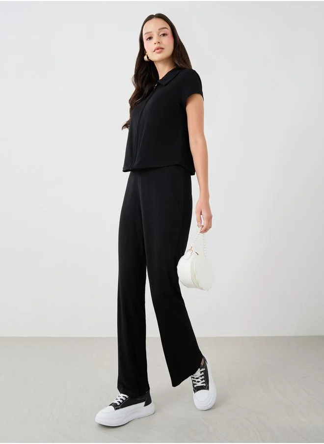 تايك تو Take Two Solid Short Sleeve Top and Flared Pants Co-Ords