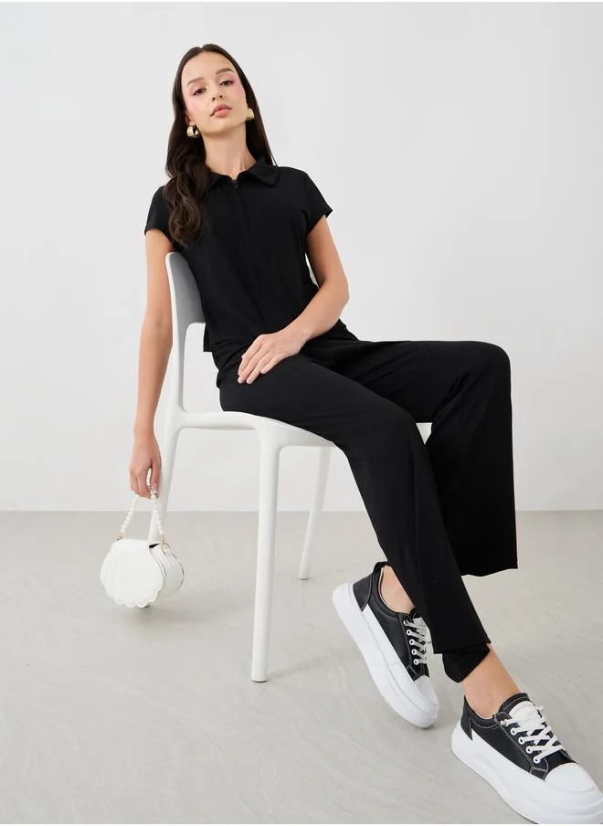 تايك تو Take Two Solid Short Sleeve Top and Flared Pants Co-Ords