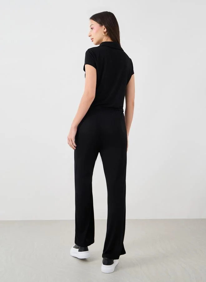 Take Two Take Two Solid Short Sleeve Top and Flared Pants Co-Ords