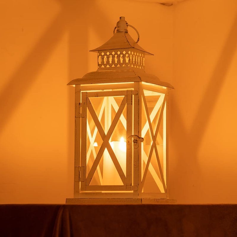DECORKEY Lantern Decorative Indoor & Outdoor, Large Square Hanging Spring Home Decor, Vintage Metal Decorative Candle Lanterns for Outdoor Patio Wedding Party White with Black Brush - Image 3