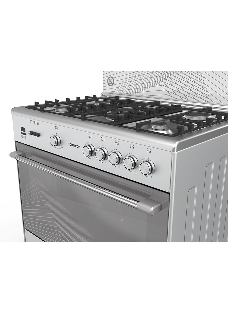 TORNADO 90x60cm Freestanding Cooker, Full Gas Cooking Range with 5 Burners, Automatic Ignition & Full Safety, Dual Convection Fan &Cooling Fan, Stainless Steel Finish, Separate Knob 9T10BRC1X01SG  - Image 2