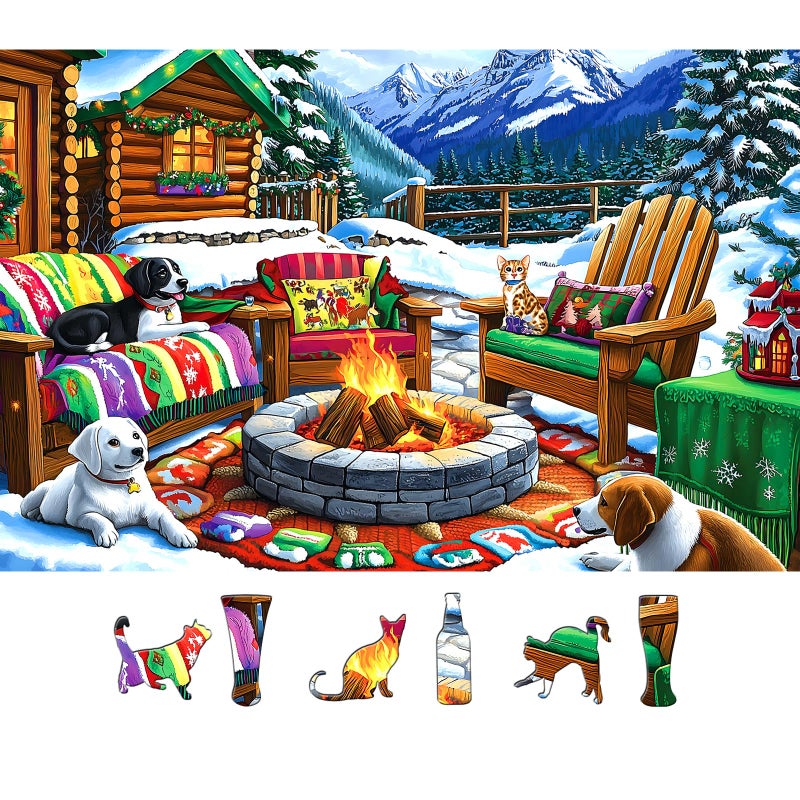 Blueforest 500 Piece Puzzle for Adults Winter Cabin Fire Pit Jigsaw Puzzle Dogs Cat Cozy Outdoor Seating 23x15 Inch Art Puzzle Hard Difficult Challenging Fun Puzzles for Adults - Image 3