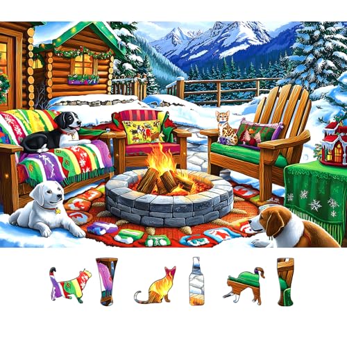 Blueforest 500 Piece Puzzle for Adults Winter Cabin Fire Pit Jigsaw Puzzle Dogs Cat Cozy Outdoor Seating 23x15 Inch Art Puzzle Hard Difficult Challenging Fun Puzzles for Adults - Image 1