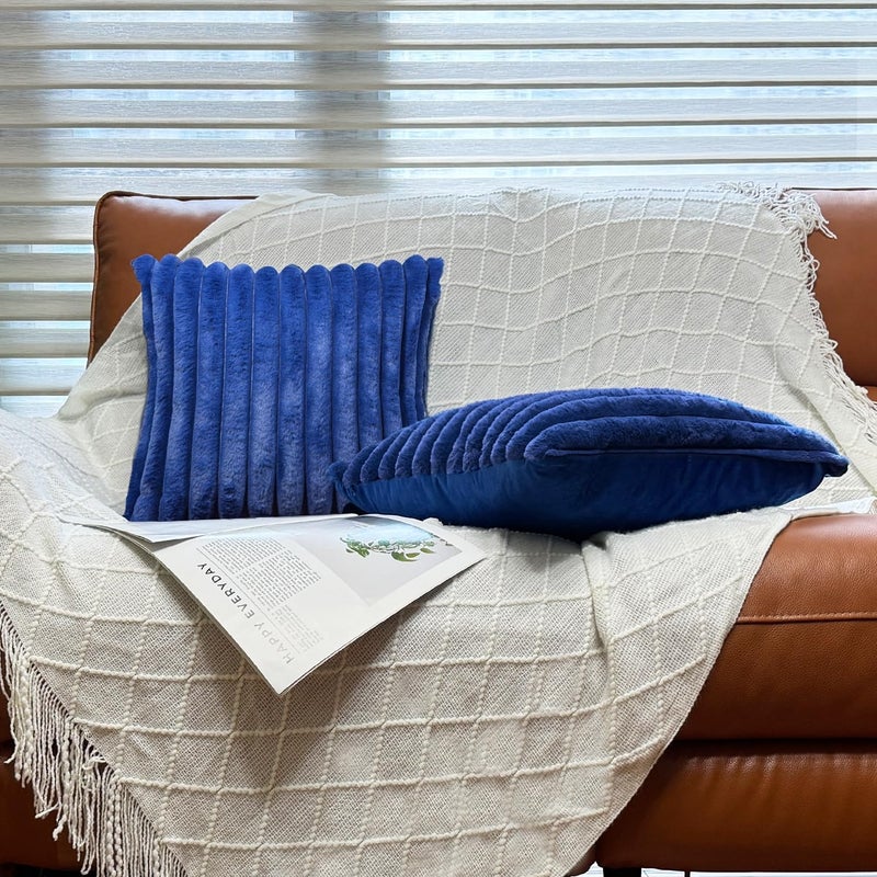COTEY 18x18 Throw Pillow Covers Set of 2, Decorative Faux Fur Covers for Bed, Couch Soft Fluffy Pillow Cover with Velvet Back for Living Room, Neutral Home DÃ©cor Accent for Sofa - Blue - Image 3
