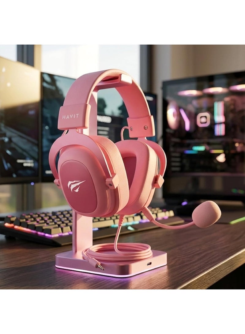 هافيت HAVIT H2002D 3.5mm Gaming Headset – Professional Over-Ear Gaming Headphones with 53mm Drivers, Detachable 360° Omnidirectional Microphone, Deep Bass Sound, Comfortable Protein Leather Ear Cushions, Adjustable Headband, Compatible with PC, Laptop, PS4, Xbox, and Mobile Devices-Pink - Image 2