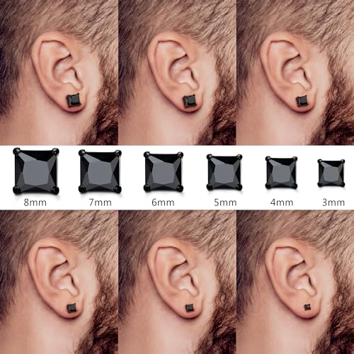 BESTEEL 2 Pairs Hypoallergenic Cubic Zirconia Black Stud Earrings for Men Women 316L Stainless Steel Square Round CZ Mens Earrings Studs Jewelry Set for Sensitive Ears 3-8MM Black 8mm - Image 4