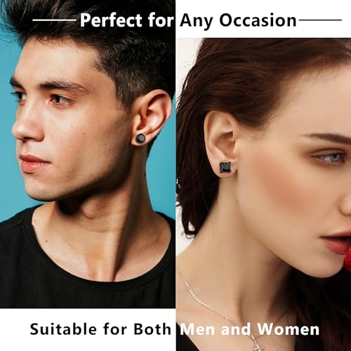 BESTEEL 2 Pairs Hypoallergenic Cubic Zirconia Black Stud Earrings for Men Women 316L Stainless Steel Square Round CZ Mens Earrings Studs Jewelry Set for Sensitive Ears 3-8MM Black 8mm - Image 3