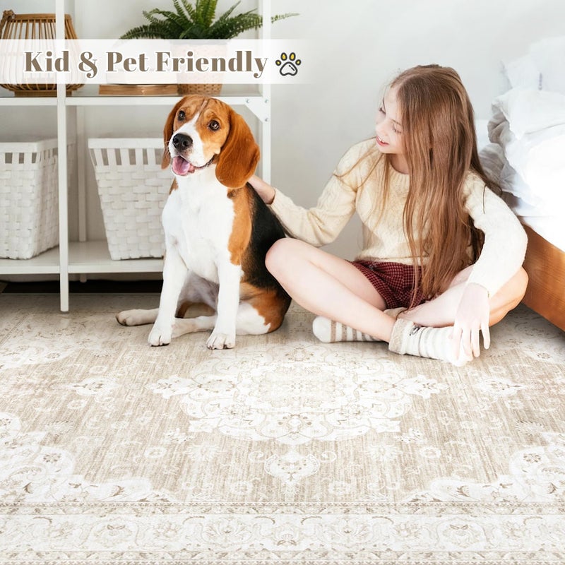 Aoyaomi Vintage Living Room Area Rug - 9x12 Large Machine Washable Boho Moroccan Rug Distressed Farmhouse Rugs for Bedroom - Soft Non-Slip Indoor Carpet for Dining Room Office Nursery(Boho Beige, 9'x12') - Image 3