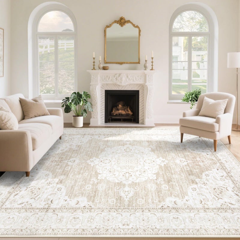 Aoyaomi Vintage Living Room Area Rug - 9x12 Large Machine Washable Boho Moroccan Rug Distressed Farmhouse Rugs for Bedroom - Soft Non-Slip Indoor Carpet for Dining Room Office Nursery(Boho Beige, 9'x12') - Image 1