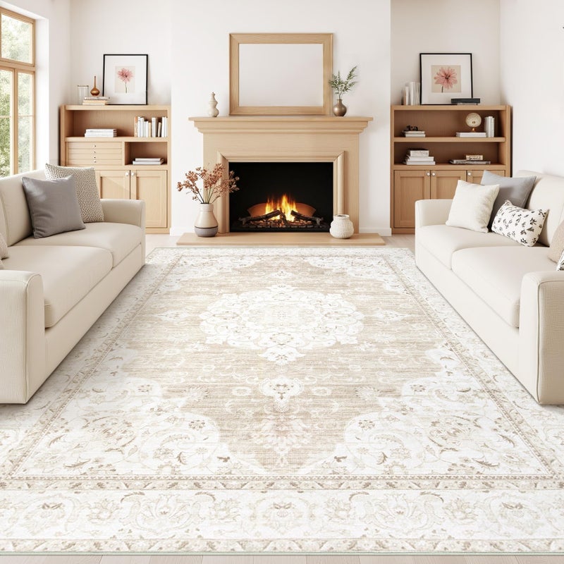 Aoyaomi Vintage Living Room Area Rug - 9x12 Large Machine Washable Boho Moroccan Rug Distressed Farmhouse Rugs for Bedroom - Soft Non-Slip Indoor Carpet for Dining Room Office Nursery(Boho Beige, 9'x12') - Image 2