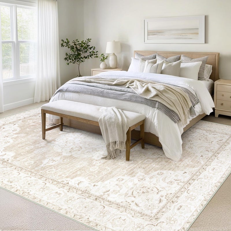 Aoyaomi Vintage Living Room Area Rug - 9x12 Large Machine Washable Boho Moroccan Rug Distressed Farmhouse Rugs for Bedroom - Soft Non-Slip Indoor Carpet for Dining Room Office Nursery(Boho Beige, 9'x12') - Image 4