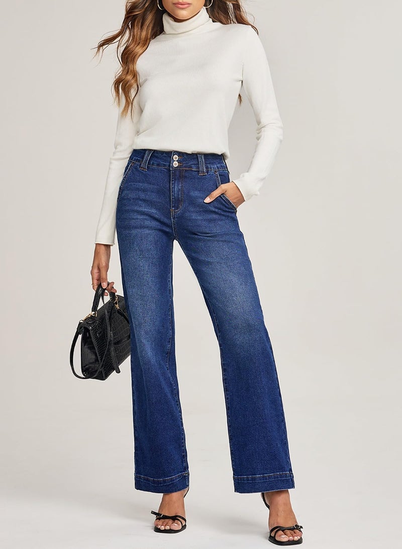 Astylish Wide Leg Jeans for Women High Waisted Straight Leg Stretchy Mom Denim Pants with Trendy Fashion Slanted Pockets Jean Trousers Size 8 Sail Blue - Image 3