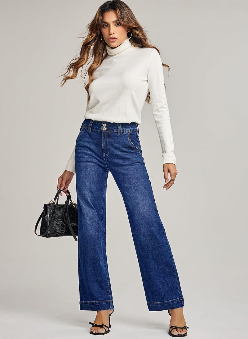 Astylish Wide Leg Jeans for Women High Waisted Straight Leg Stretchy Mom Denim Pants with Trendy Fashion Slanted Pockets Jean Trousers Size 8 Sail Blue - Image 5