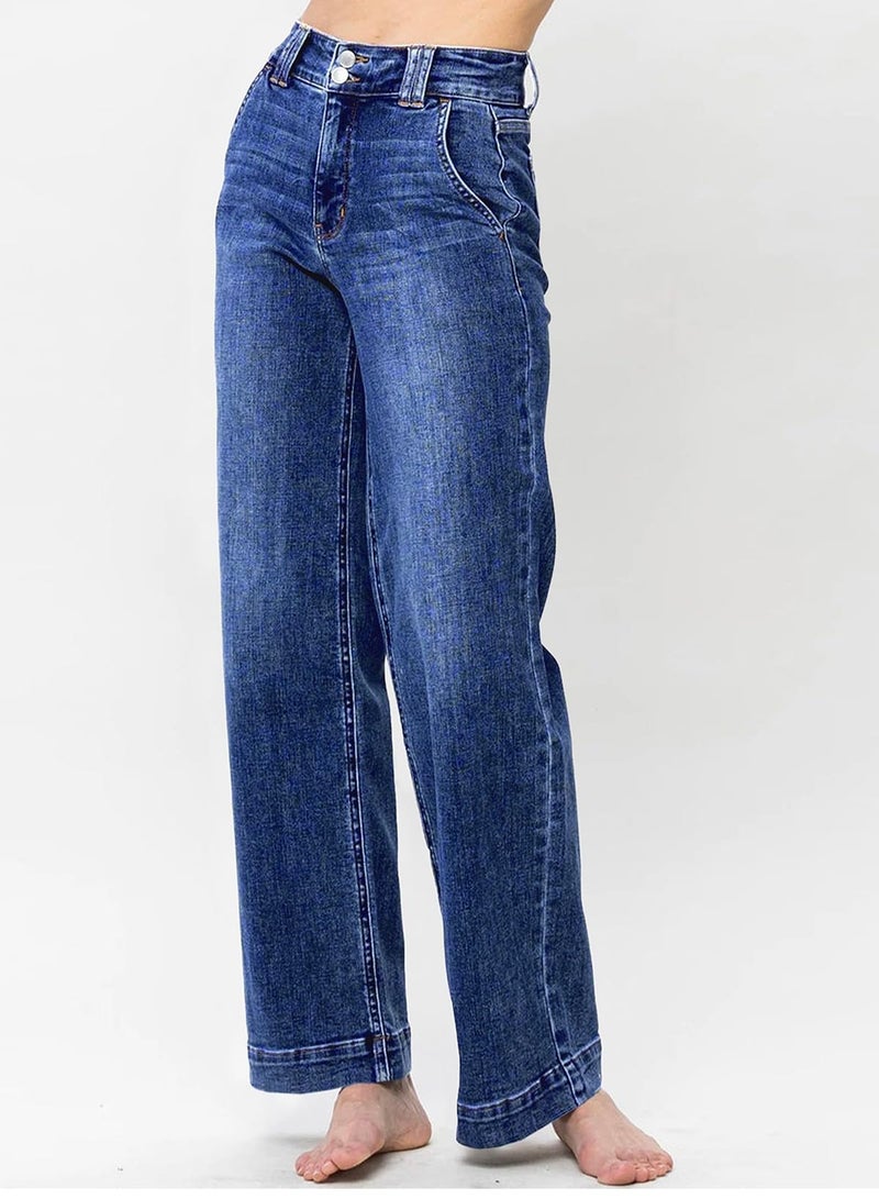 Astylish Wide Leg Jeans for Women High Waisted Straight Leg Stretchy Mom Denim Pants with Trendy Fashion Slanted Pockets Jean Trousers Size 8 Sail Blue - Image 2