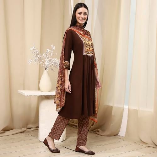 Biba Women Brown Rayon Viscose Narrow Kurta Set_46 - Image 3