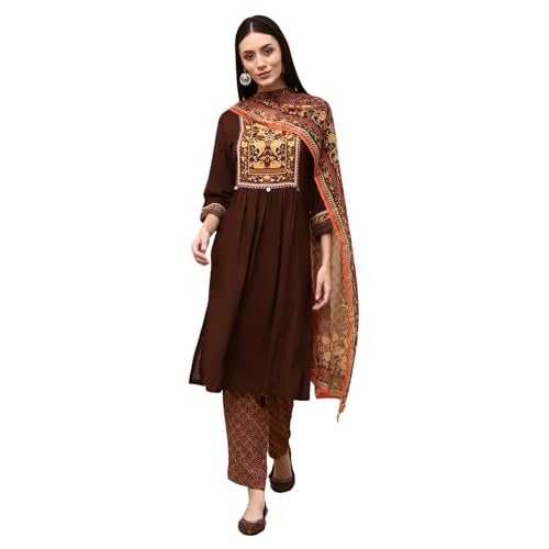 Biba Women Brown Rayon Viscose Narrow Kurta Set_46 - Image 1