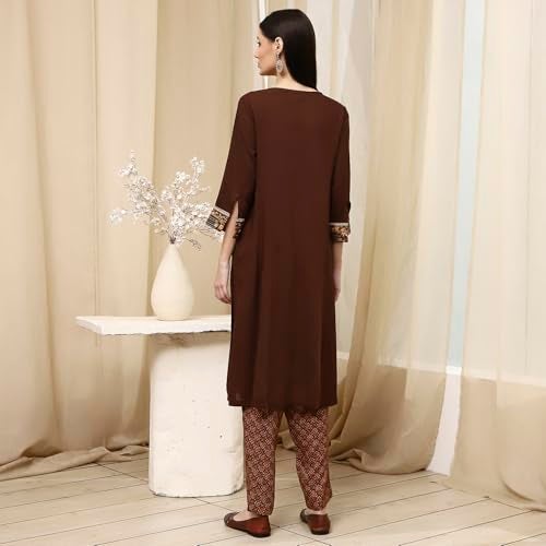 Biba Women Brown Rayon Viscose Narrow Kurta Set_46 - Image 4
