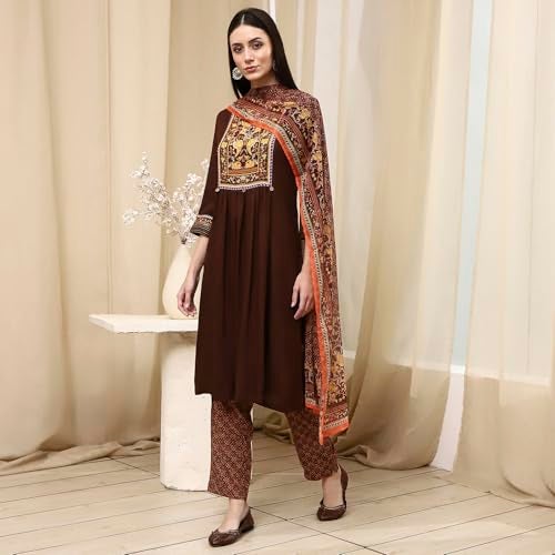 Biba Women Brown Rayon Viscose Narrow Kurta Set_46 - Image 2