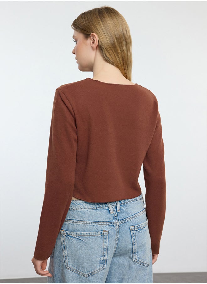 trendyol - Brown Low Shoulder Crew Neck Crop Selanik/Knitwear Look Knitted Blouse TWOAW24BZ00168 - Image 1