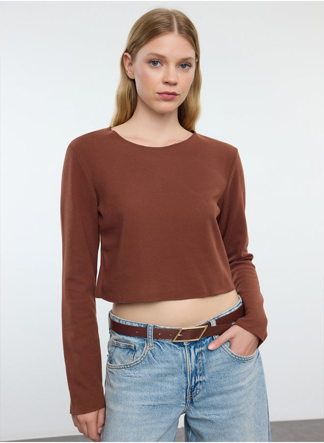 trendyol - Brown Low Shoulder Crew Neck Crop Selanik/Knitwear Look Knitted Blouse TWOAW24BZ00168 - Image 1