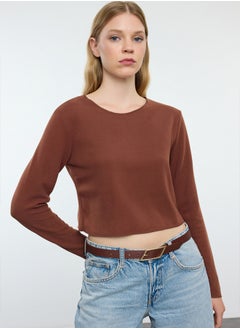 Brown Low Shoulder Crew Neck Crop Selanik/Knitwear Look Knitted Blouse TWOAW24BZ00168