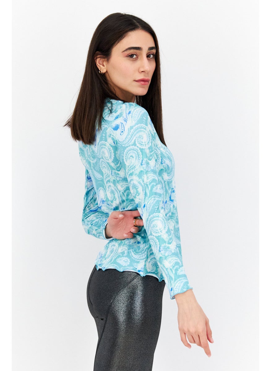 X by Gottex Women Crew Neck Long Sleeves Paisley Print Blouse, Turquoise  - Image 3