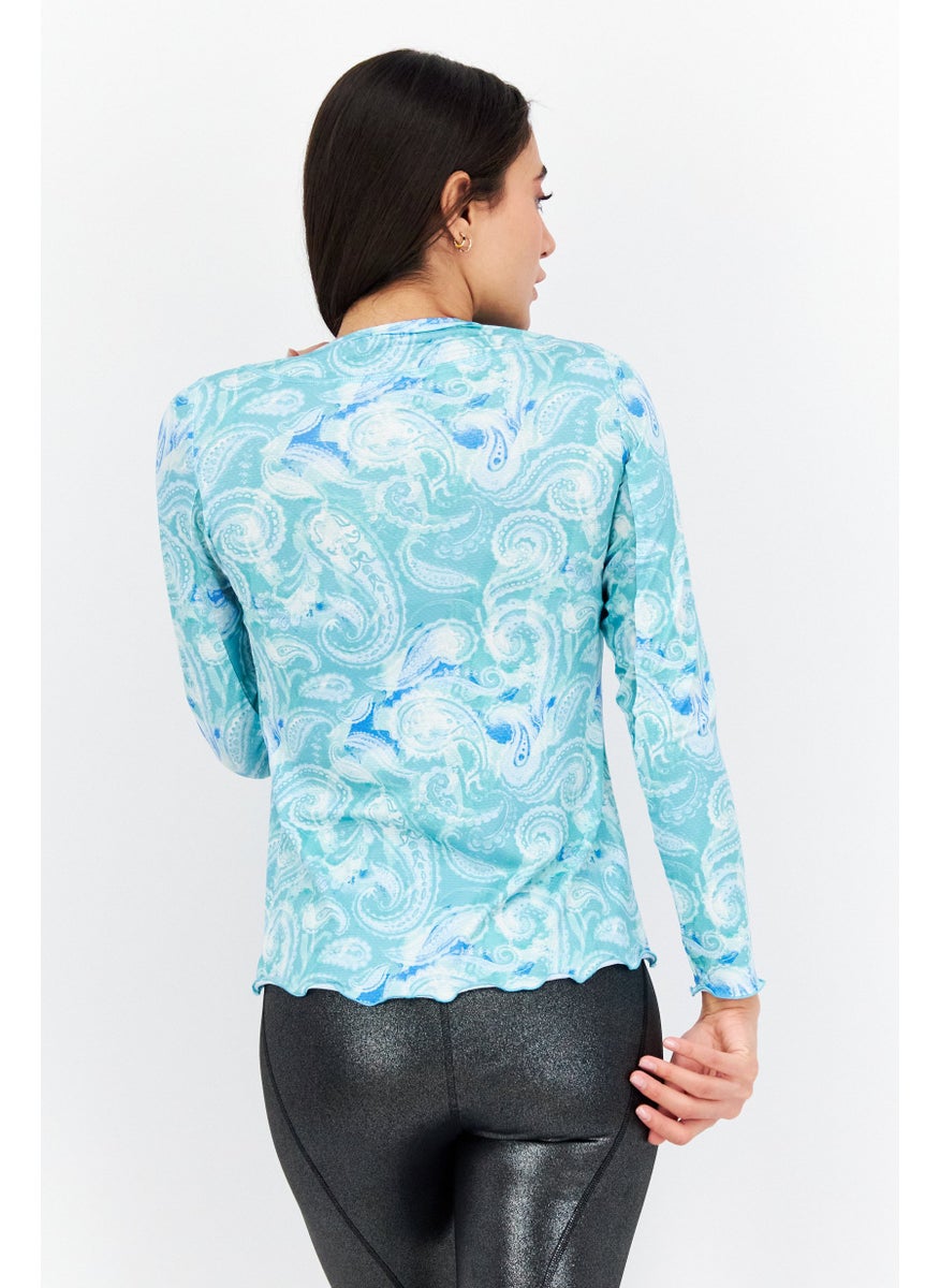 X by Gottex Women Crew Neck Long Sleeves Paisley Print Blouse, Turquoise  - Image 2