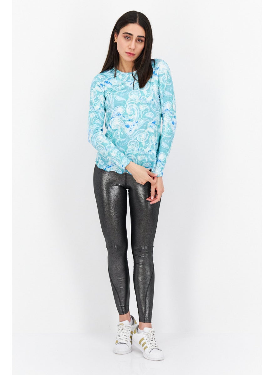 X by Gottex Women Crew Neck Long Sleeves Paisley Print Blouse, Turquoise  - Image 4