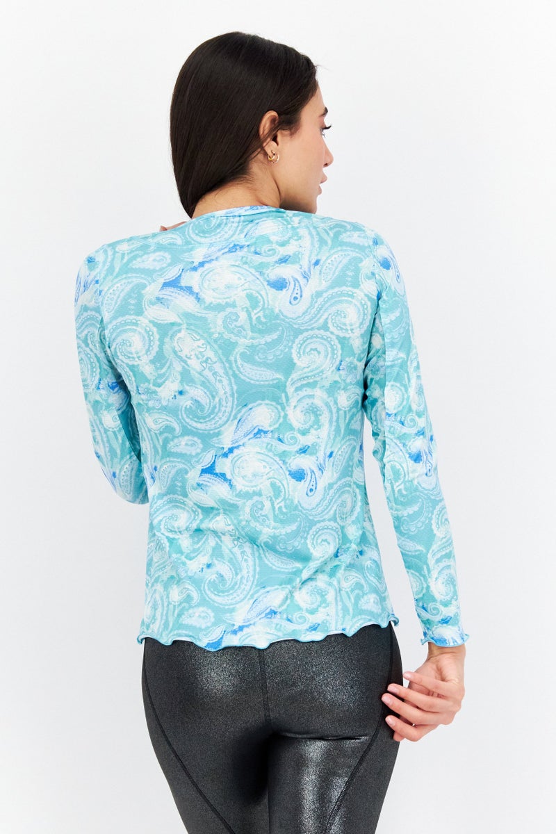 X by Gottex Women Crew Neck Long Sleeves Paisley Print Blouse, Turquoise - Image 2