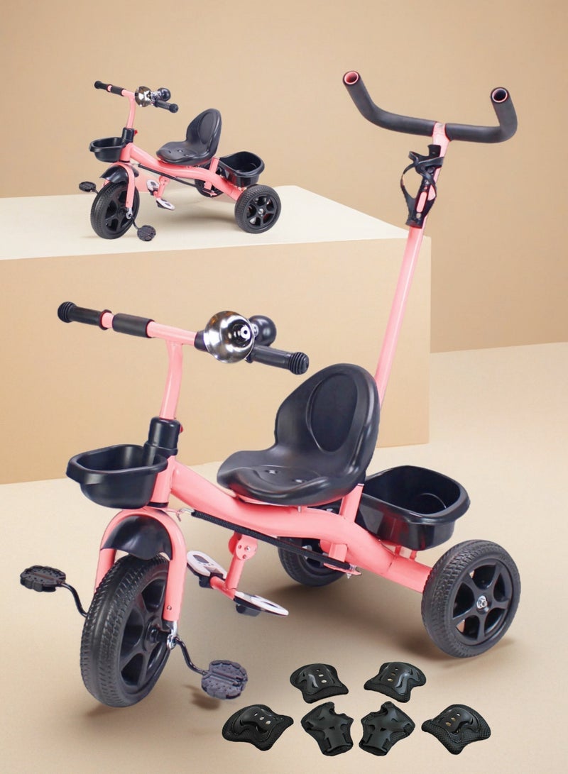 إيزي فيتشور دراجة ثلاثية العجلات سهلة الاستخدام بمقبض دفع للوالدين للأطفال - لعبة ركوب دراجة أطفال مع سلة تخزين (خيارات الألوان الرمادية/الحمراء/الوردية) تتضمن العبوة مجموعة معدات الحماية - Image 1