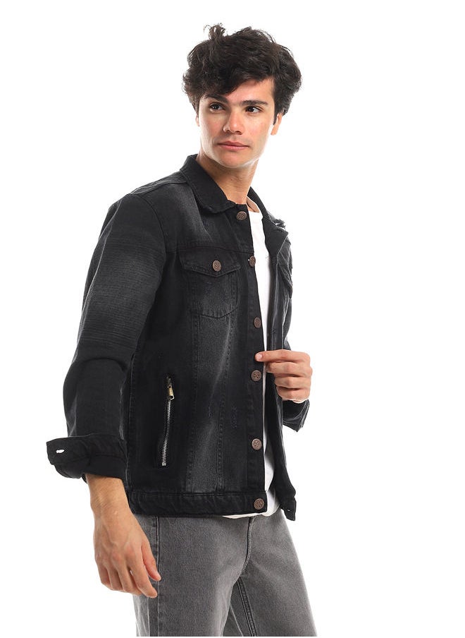 WHITE RABBIT - Ripped Left Shoulder Ribbed Detail Denim Jacket - Black - Image 1